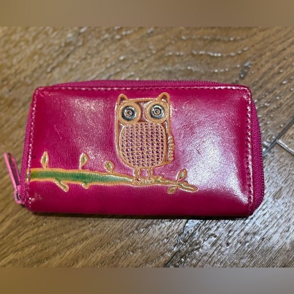 Estate Accessories - Leather Fuchsia Owl Wallet Handmade